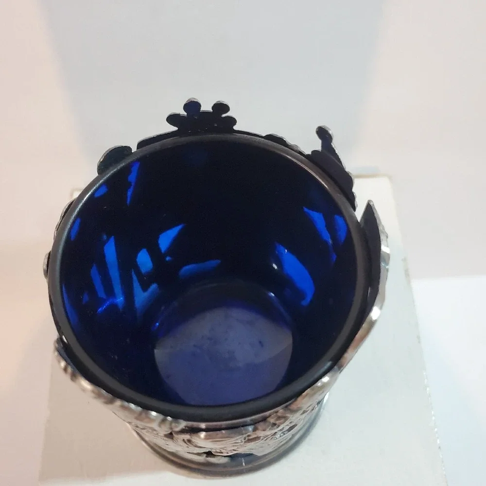 ROC Pewter Santa Christmas Votive Candle Holder w/Cobalt Glass Liner 3
